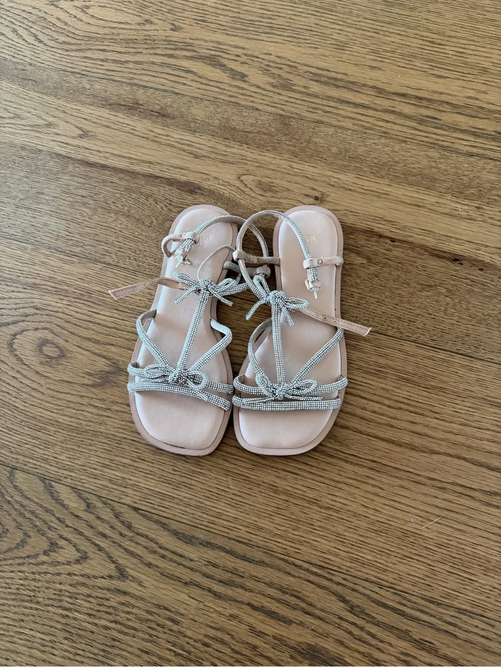 Zara Beige Flat Sandal with Silver Rhinestone Straps